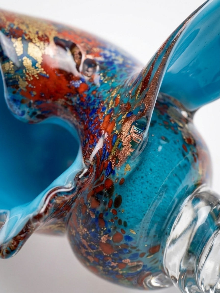 Thumbnail: Hand-Blown Speckled Art Glass Conch Shell Sculpture with Blue Interior