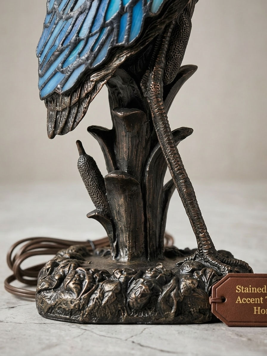 Thumbnail: Stained Glass Heron Accent Table Lamp Tiffany Style Floral Bird Lighting