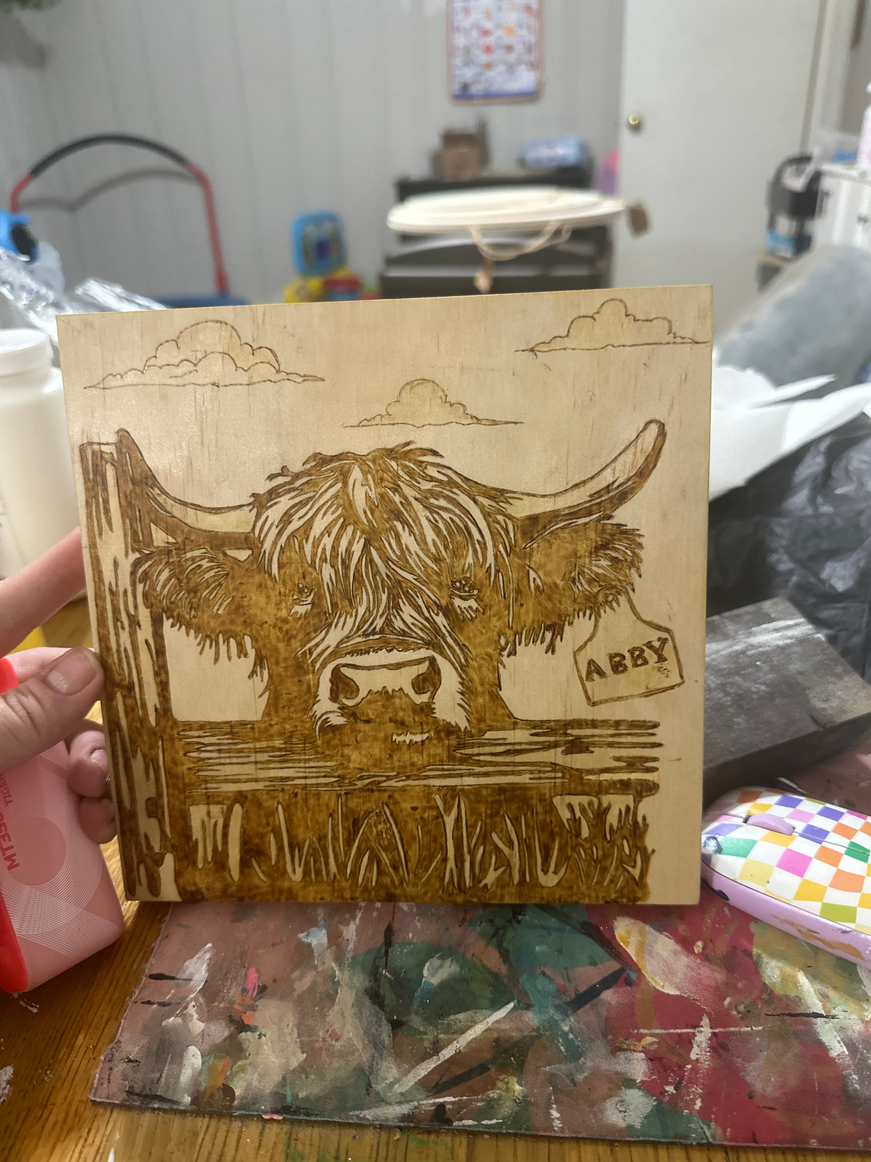 Highland cow wood burned plaque with custom name 