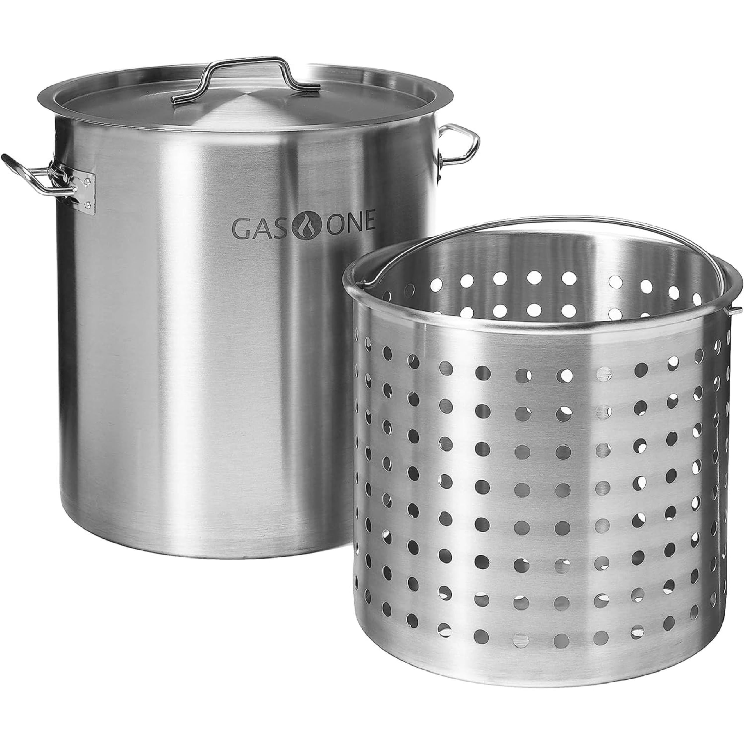 GasOne Stainless Steel Stockpot with Basket – 36qt Stock Pot with Lid and Reinfo