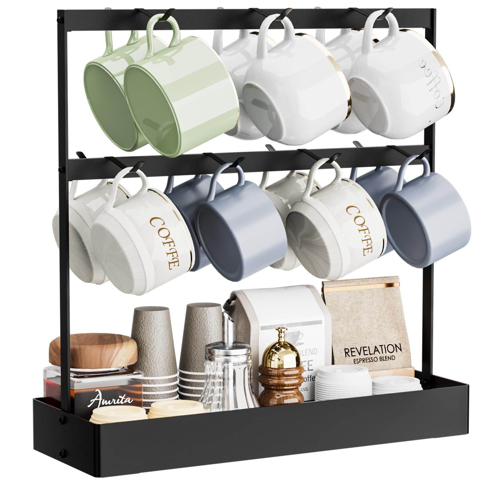 Coffee Mug Holder with Hooks 14 Capacity Coffee Cup Holder for Countertop 2 Tier