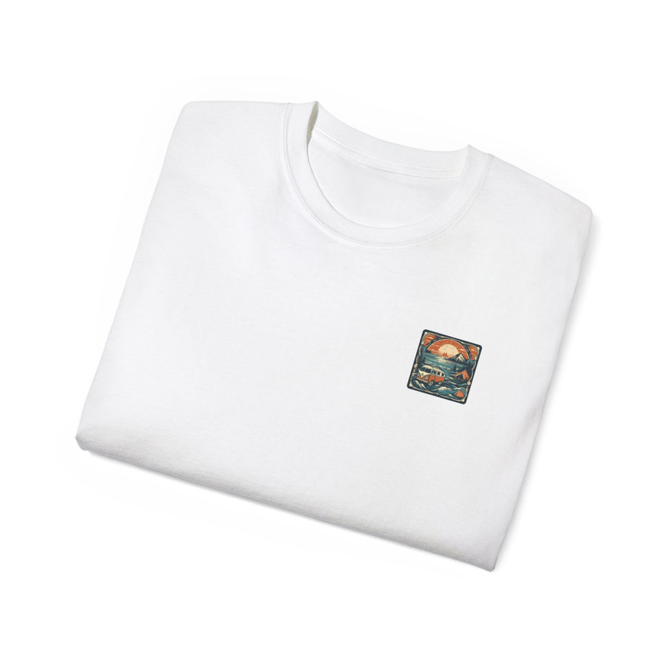 White t-shirt with a small graphic of a sunset scene and a camper van