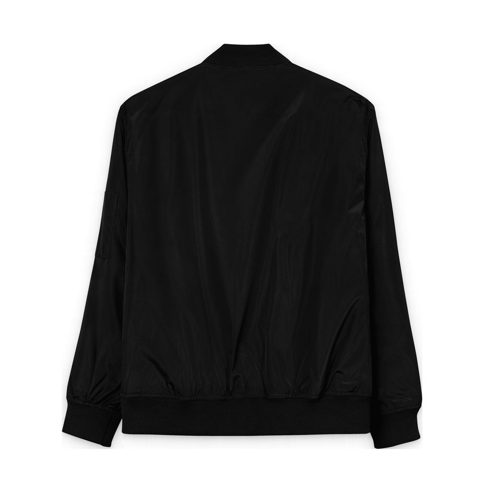 Black bomber jacket back view.