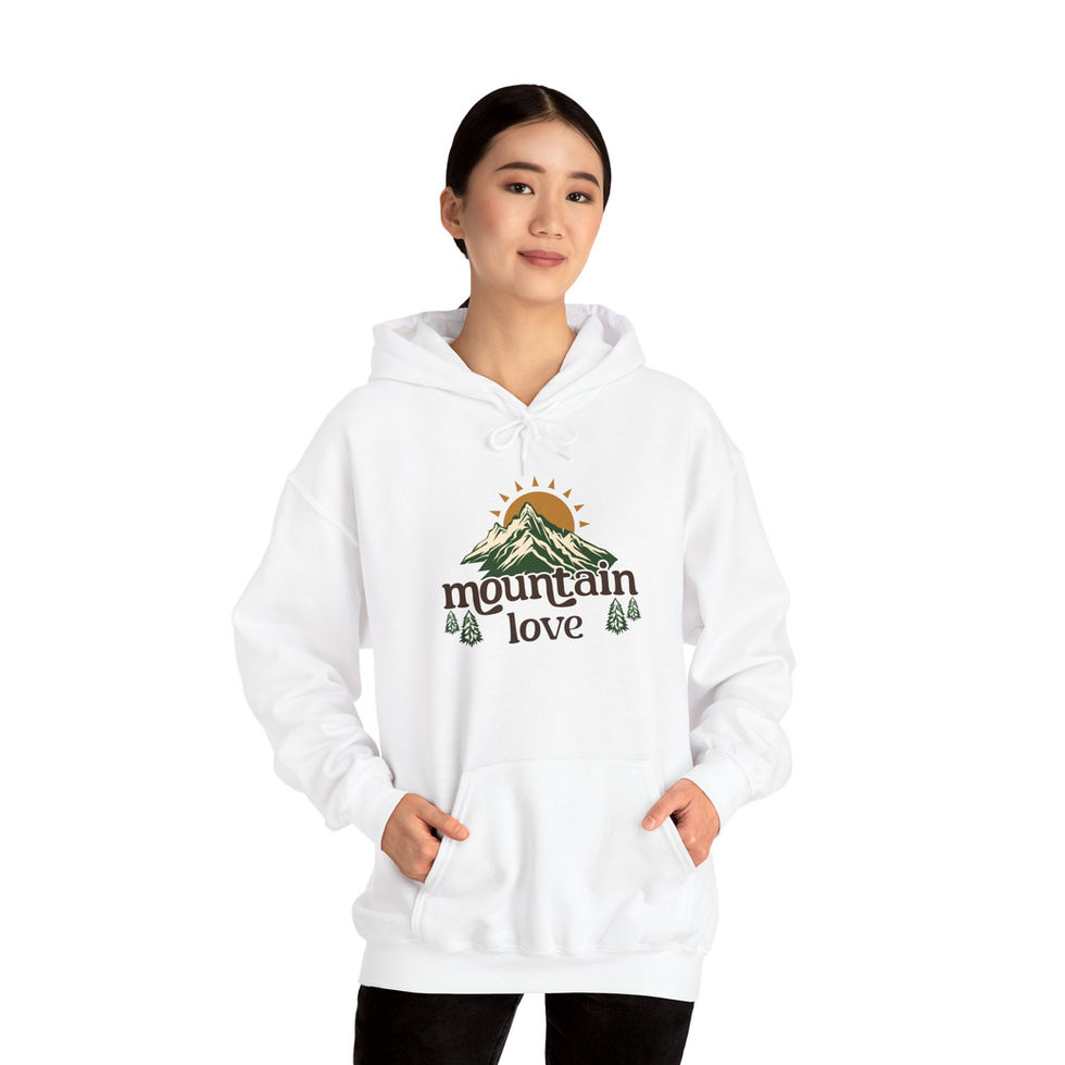 Woman wearing a White mountain love hoodie front view