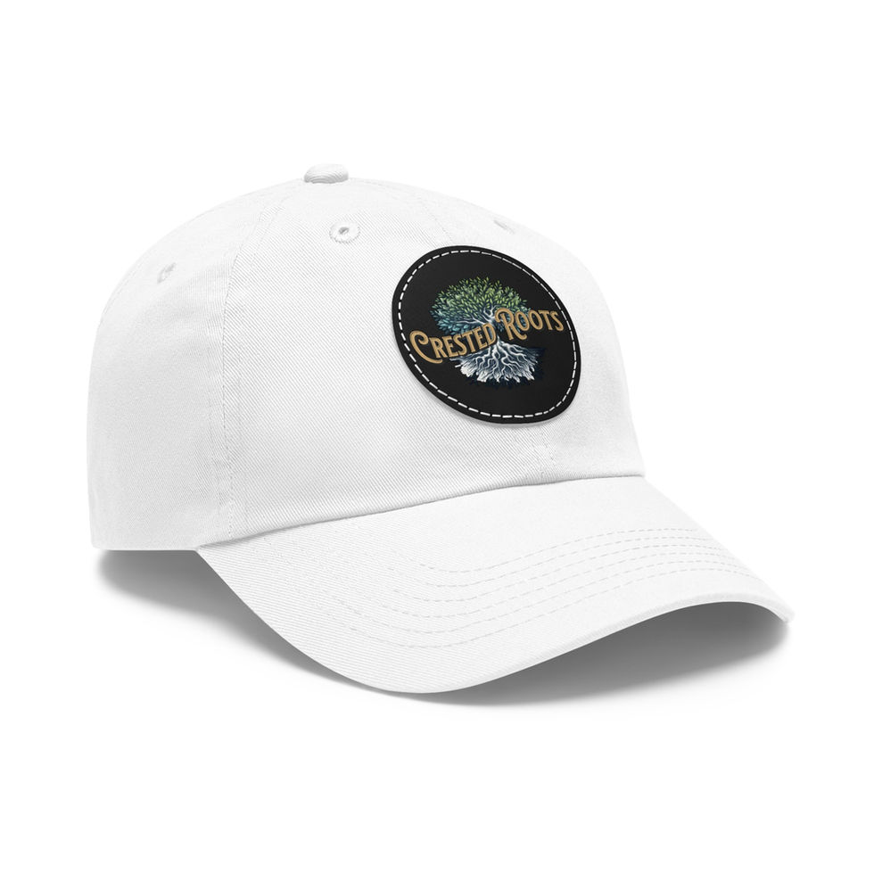 White Hat with Crested Roots Logo on a black round leather patch front view
