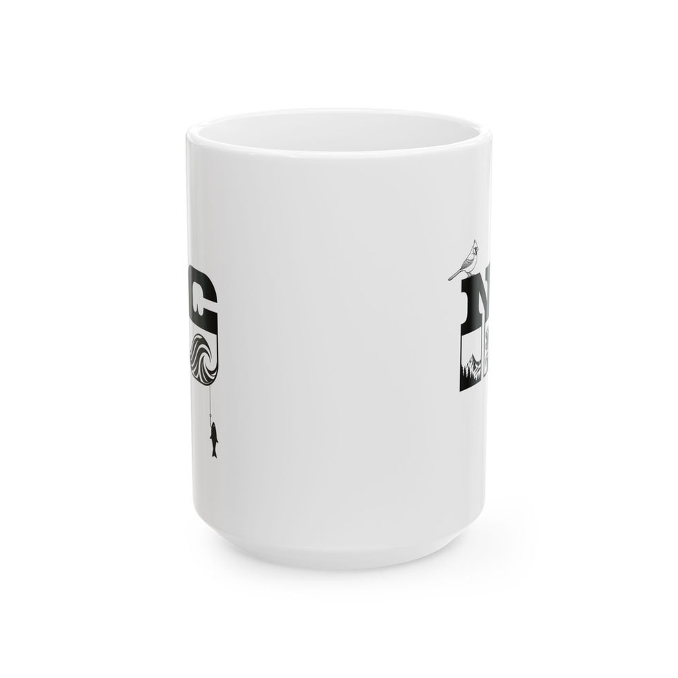 NC-themed ceramic mug with nature designs