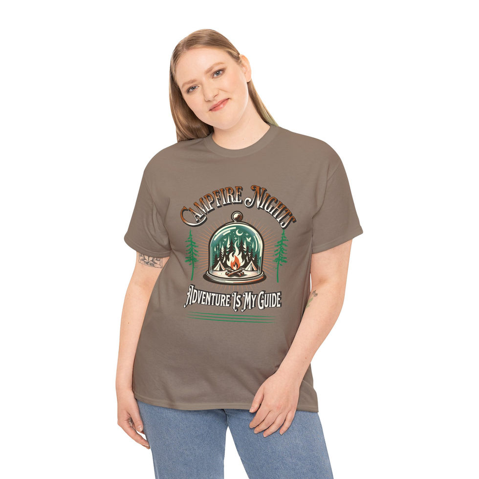 Woman wearing a sienna brown Campfire Nights tee front view