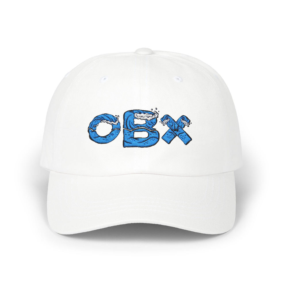 White baseball cap with blue wave "OBX" embroidery
