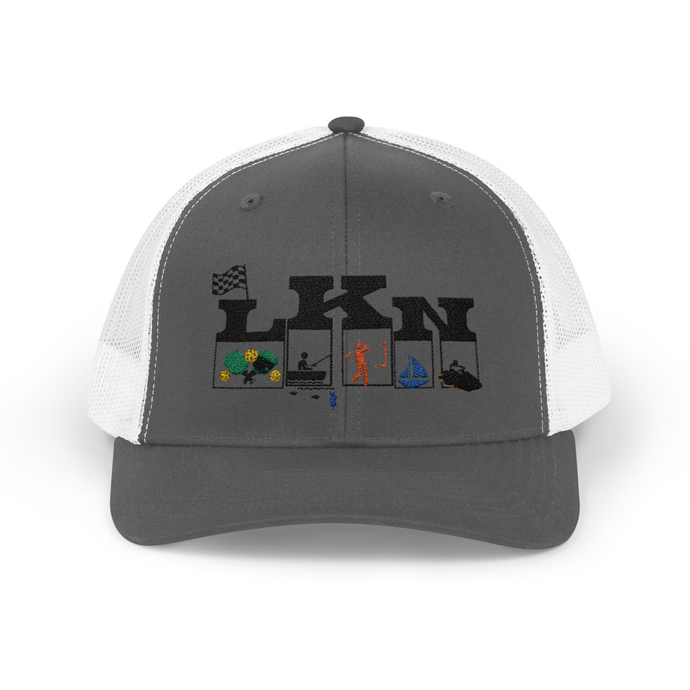 Gray LKN trucker hat with embroidered activities