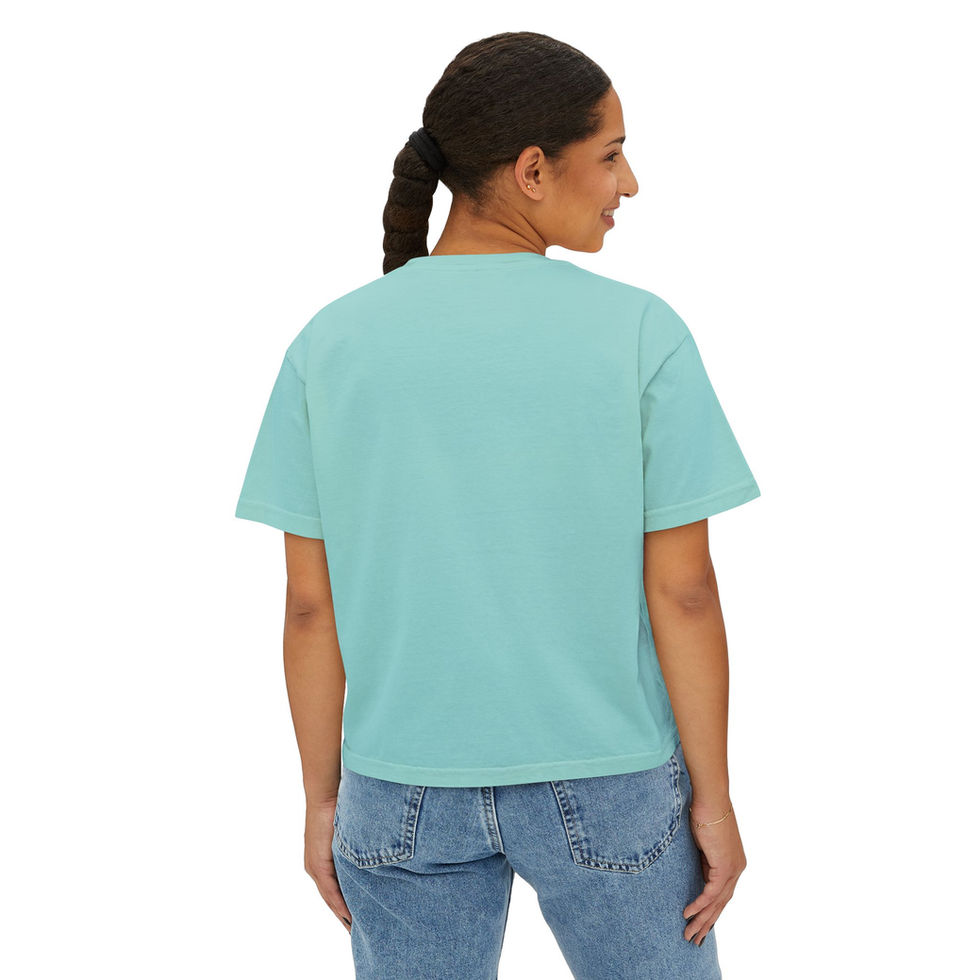 Woman wearing a Rainbow Falls Mint boxy tee back view