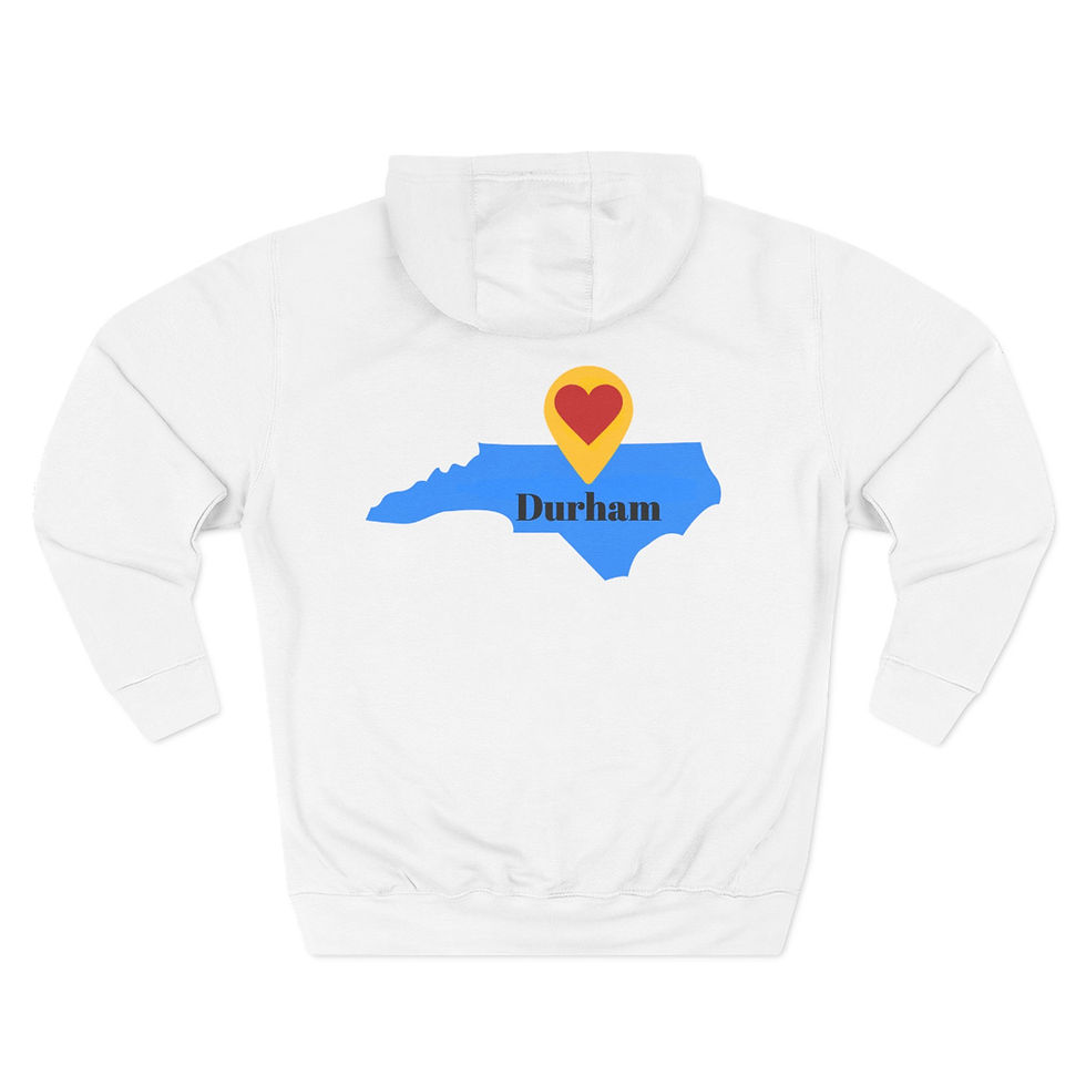 White hoodie, Durham NC map heart design