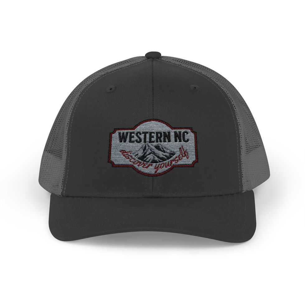 Western NC trucker cap with embroidered mountains