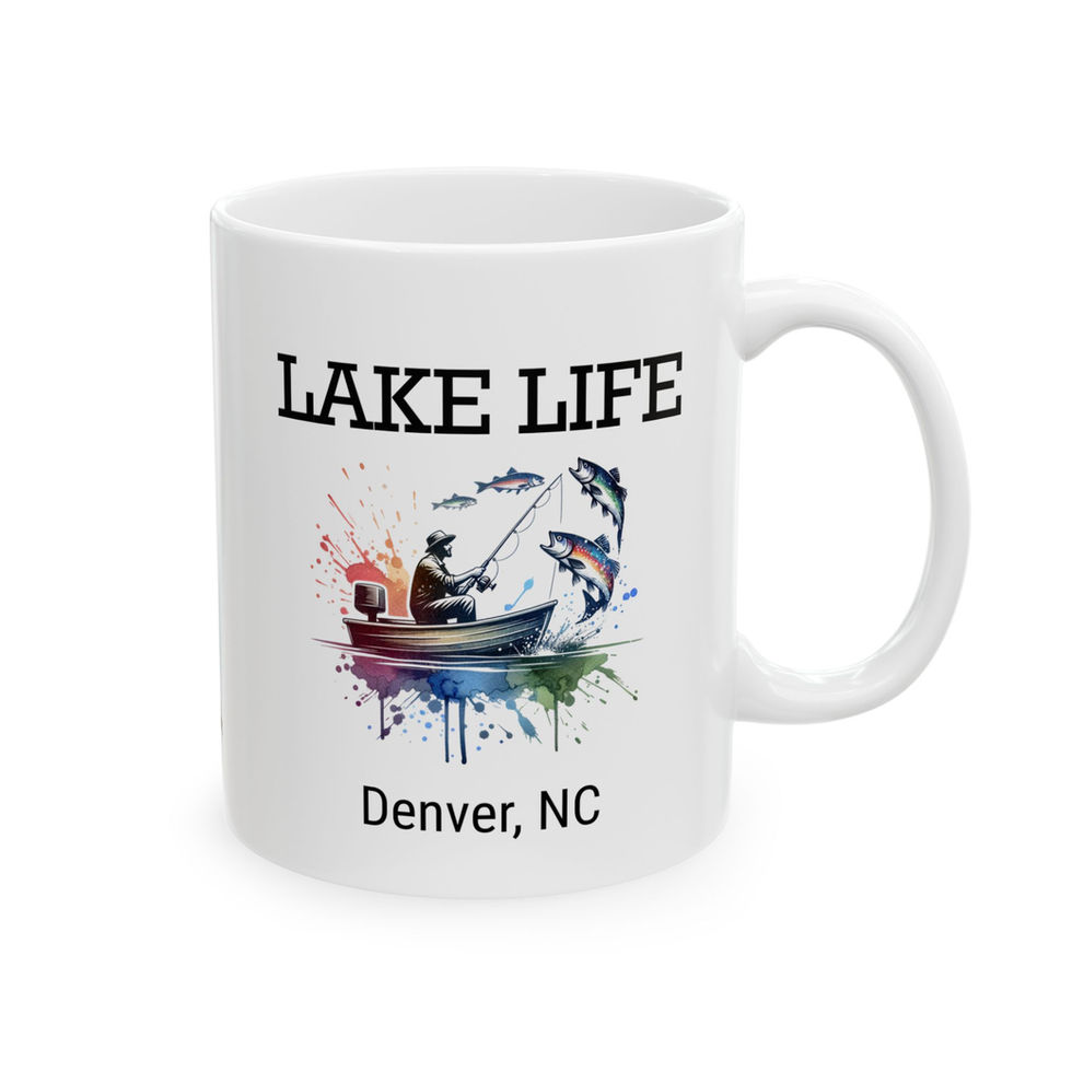 Lake Life mug with fisherman design and text Denver, NC. Western NC Mug.