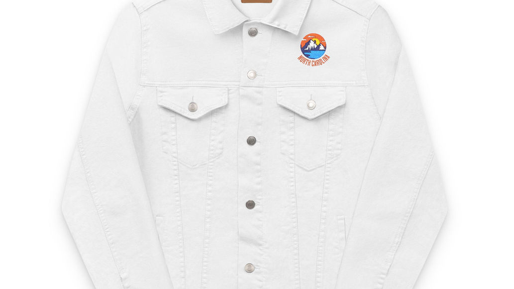 White denim jacket with North Carolina Mountain Patch