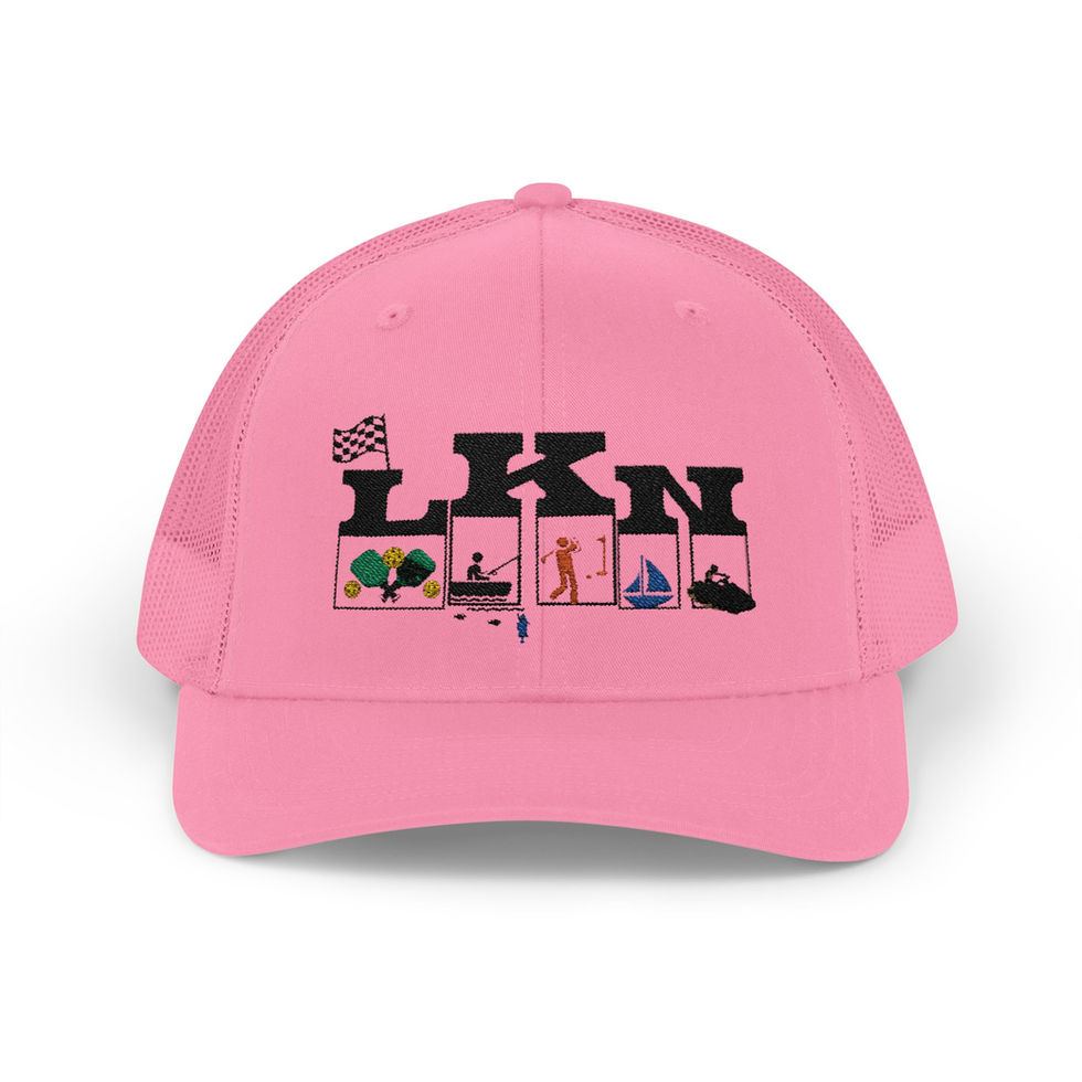 Pink LKN trucker hat with embroidered activities