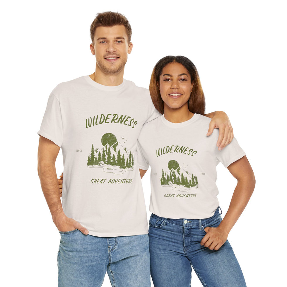 Couple wearing ice grey Wilderness Adventure tees front view