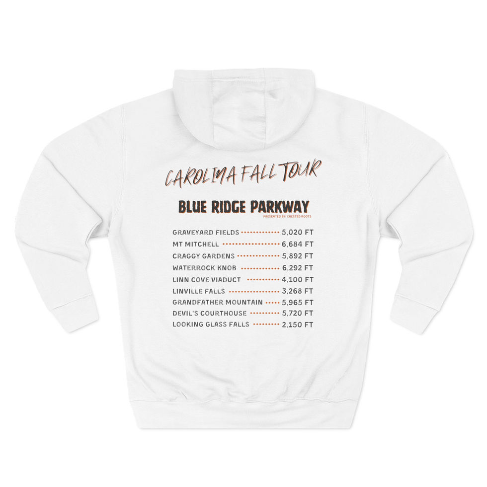 White hoodie back Carolina Fall Tour Blue Ridge Parkway with list Crested Roots water bottle