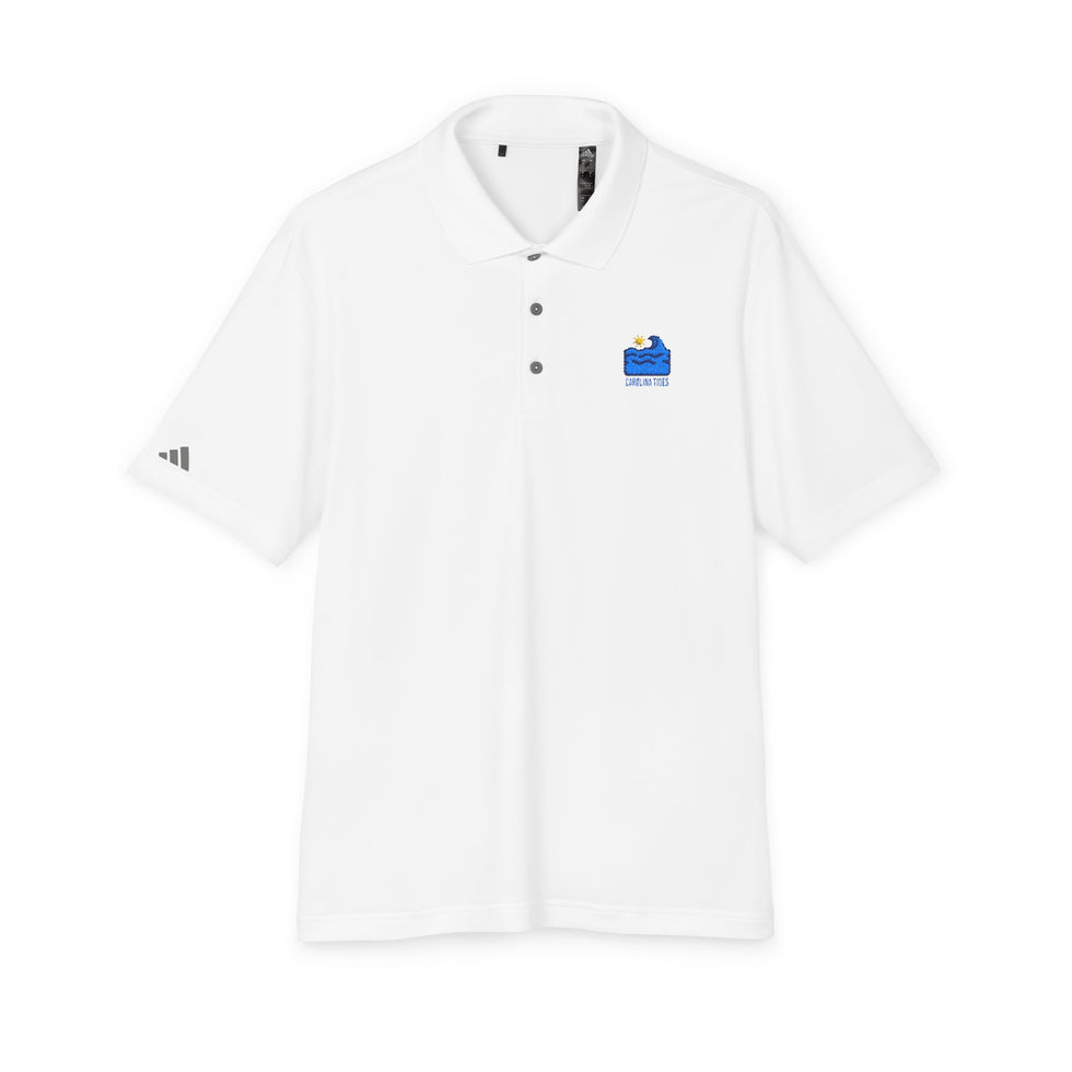 White Adidas polo shirt with an embroidered logo of a blue wave and a sun, the logo says "Carolina Tides"