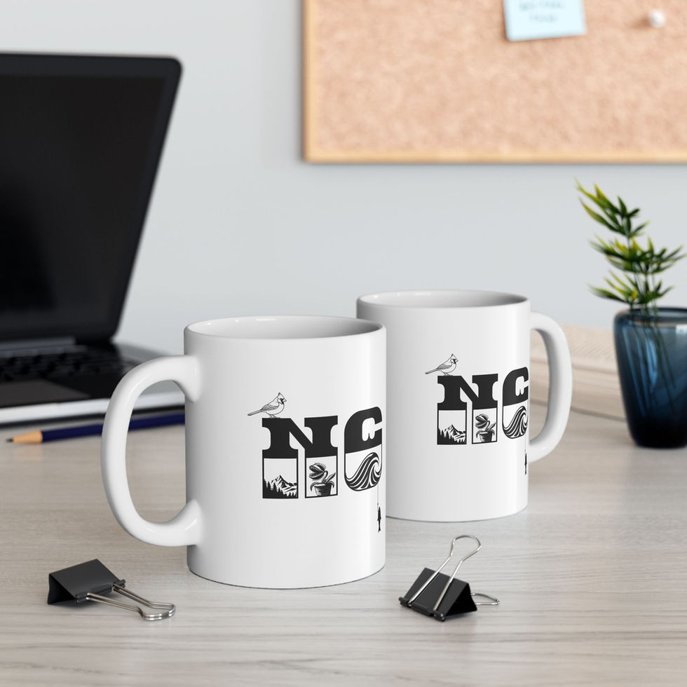 Two NC-themed mugs with nature scenes
