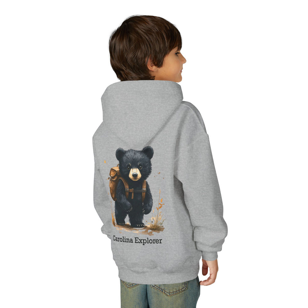 Boy wearing Carolina Explorer bear hoodie, Youth Nature Graphic Hoodie on back.