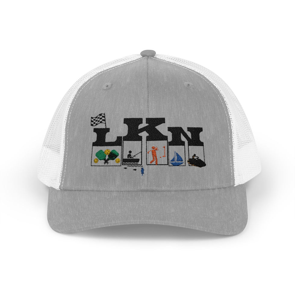 Gray LKN trucker hat with embroidered activities