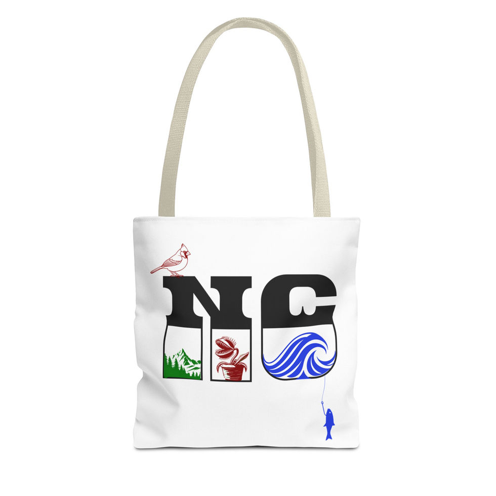 NC tote bag design: cardinal, mountains, Venus flytrap, ocean wave, and fish