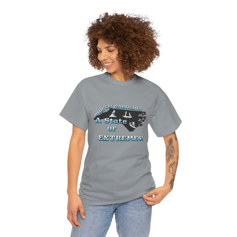 Woman wearing a grey North Carolina A State of Extremes t-shirt front view
