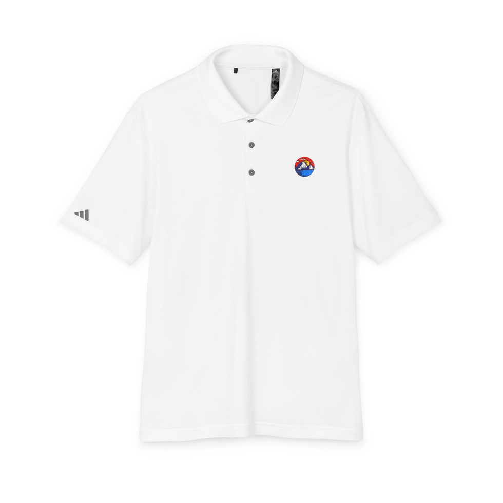 White Adidas Unisex Performance Polo - Embroidered Hiking Shirt front view.