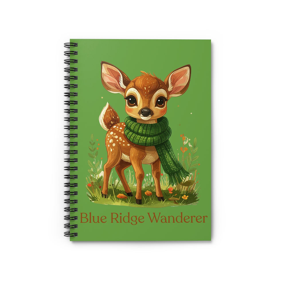 Adorable deer wearing green scarf with text Blue Ridge Wanderer on notebook.