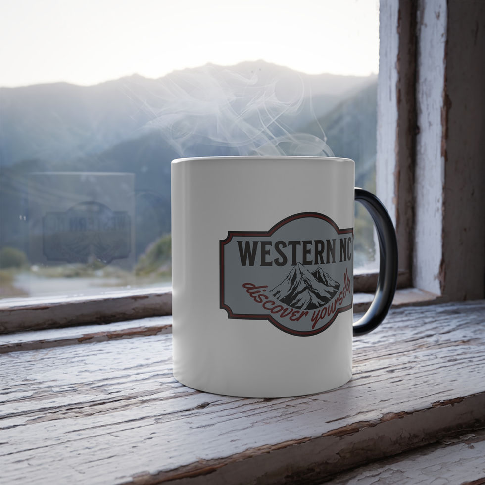 Heat Sensitive Color Changing Coffee Mug - Unique Western NC front view on a window sill.