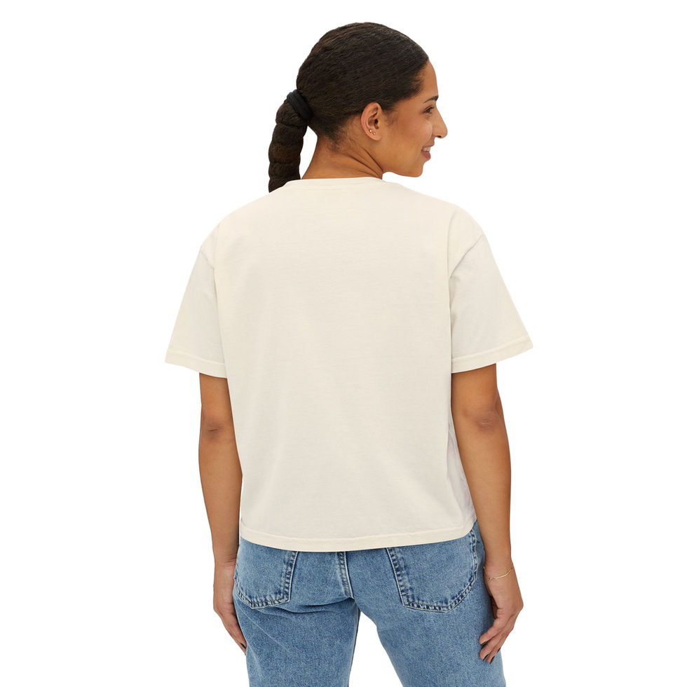 Woman wearing a Rainbow Falls Ivory boxy tee back view