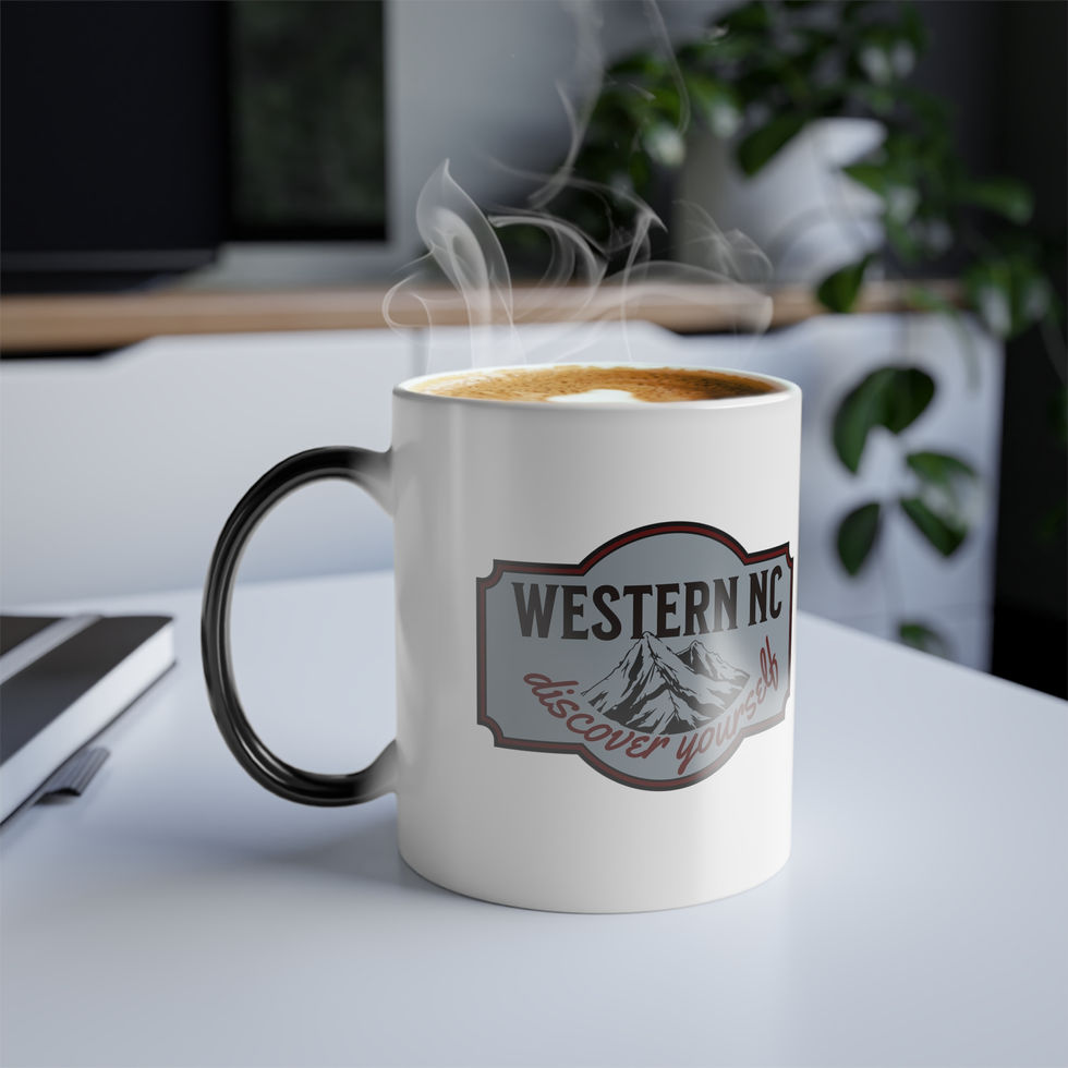 Heat Sensitive Color Changing Coffee Mug - Unique Western NC front view on a desk.