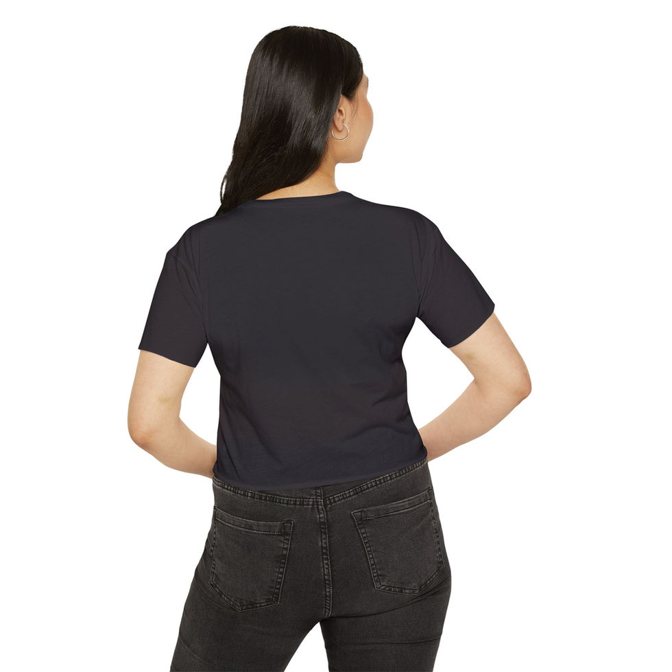 Woman wearing a black OBX Carolina crop top back view