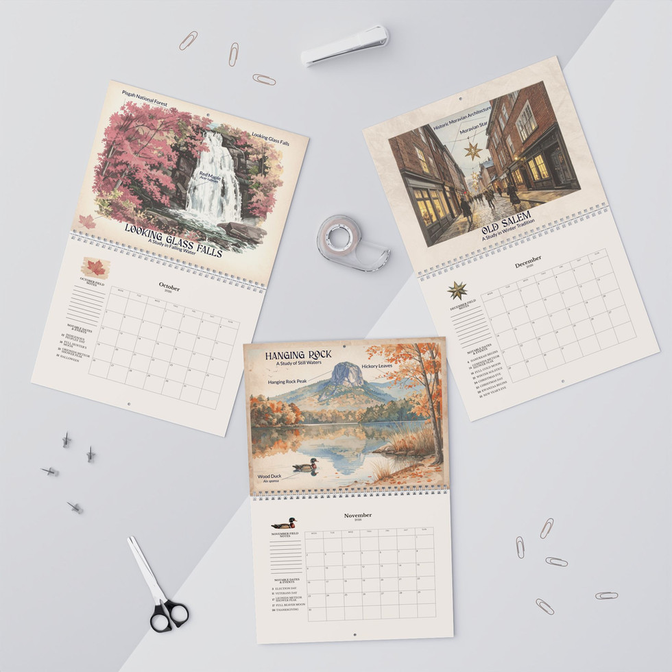 The Crested Roots Field Guide and Almanac - North Carolina Wall Calendars on a desk, open to the months of October, November, and December.