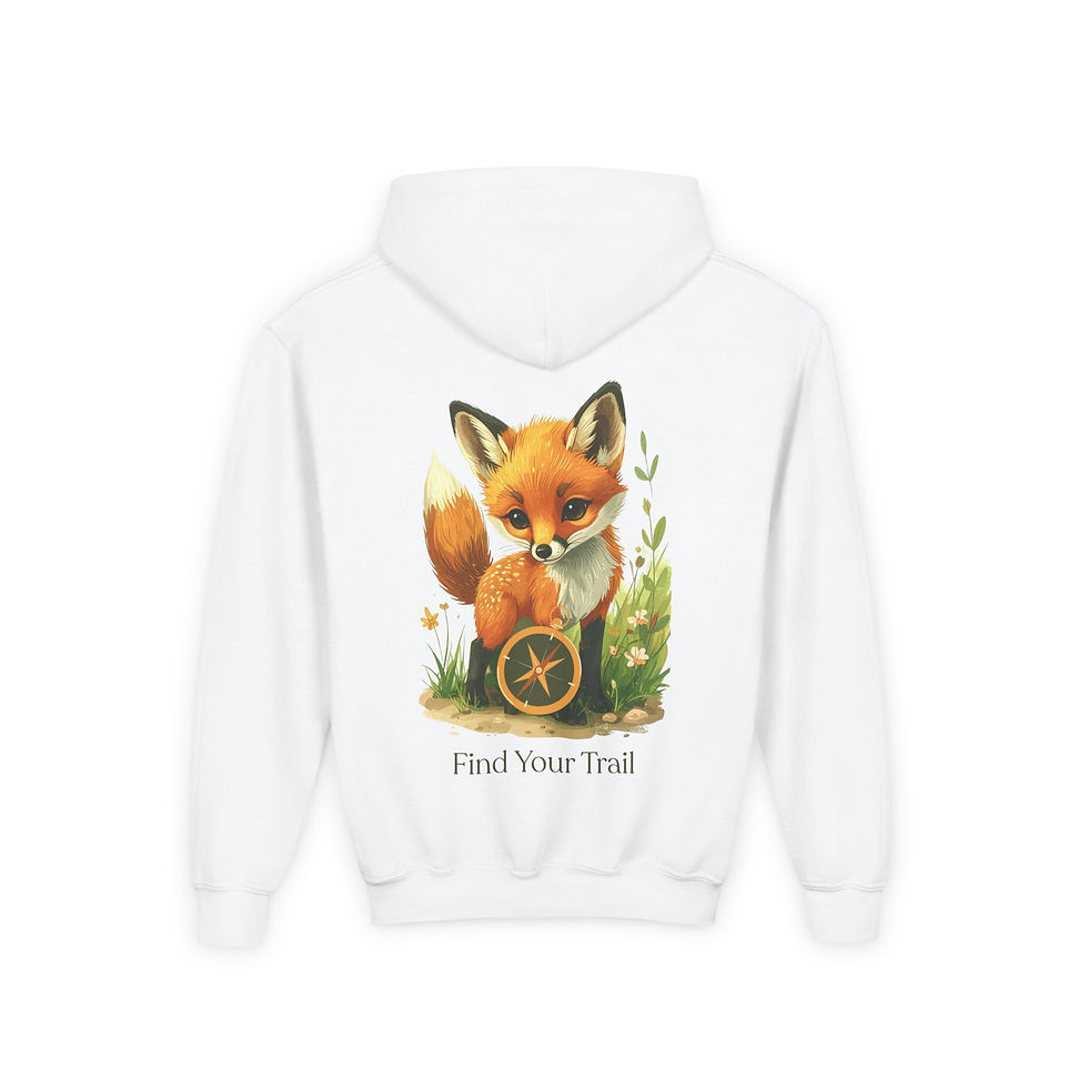 White hoodie with fox graphic, Find Your Trail, Kids Raccoon Camping Hoodie, nature themed.