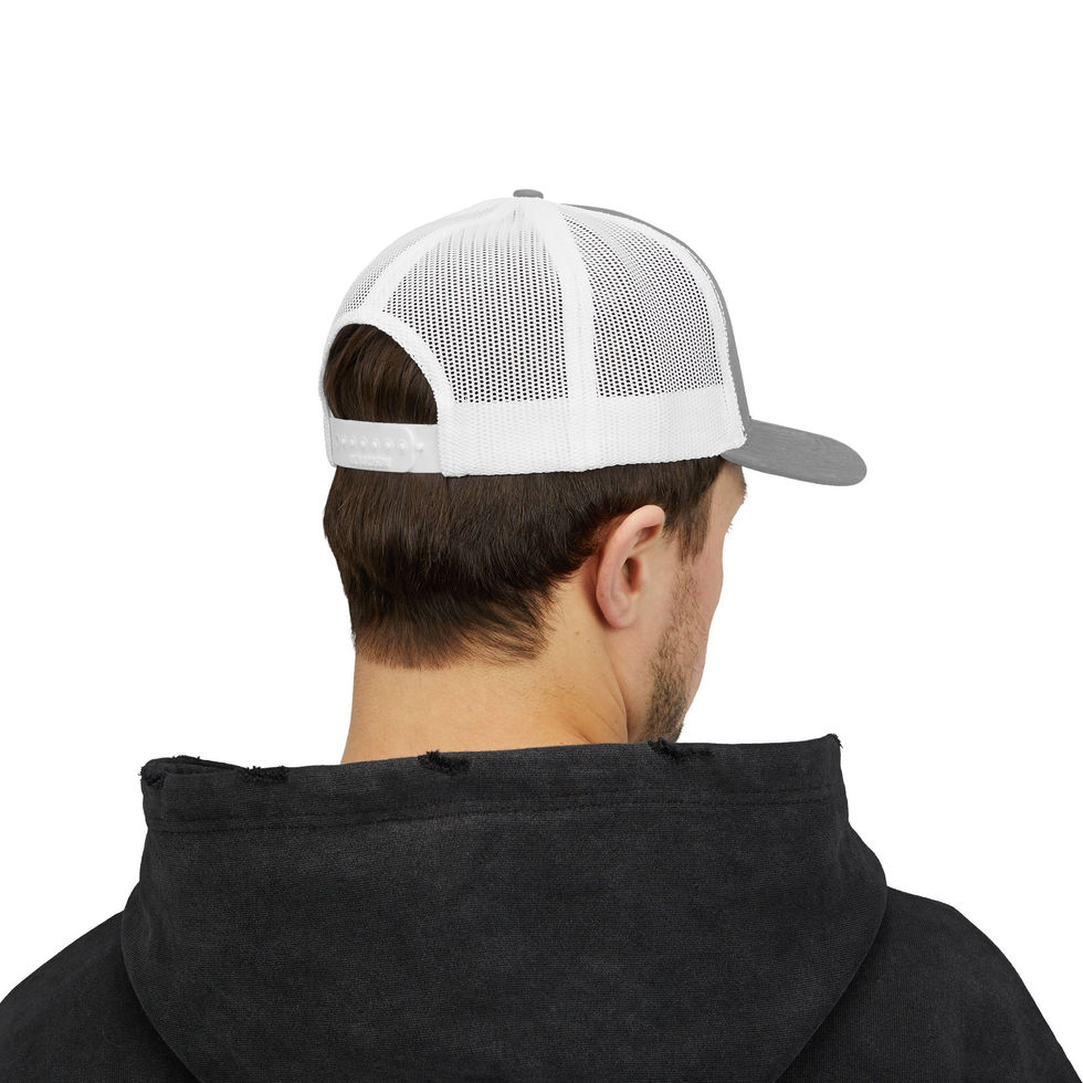 Gray and white trucker cap