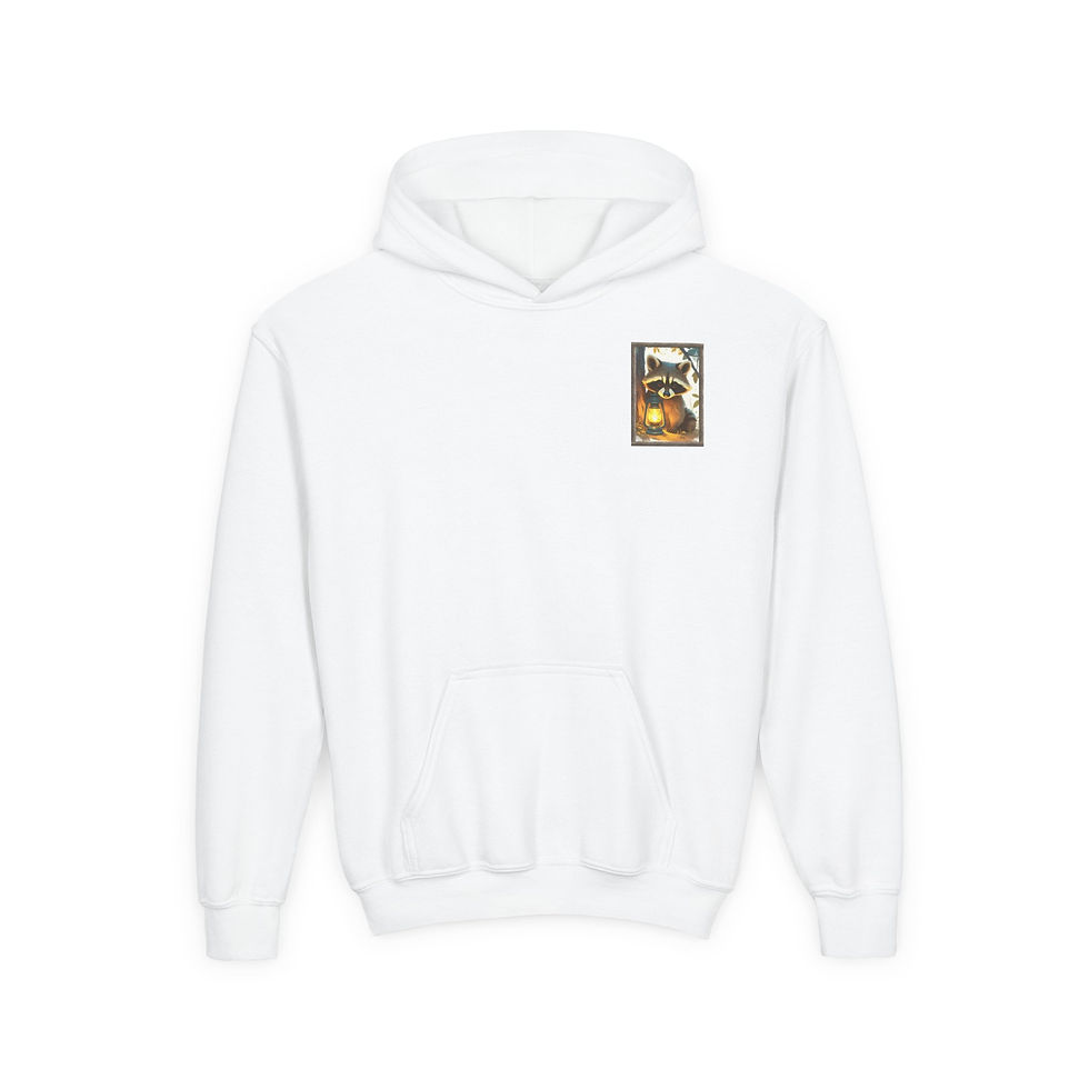 White hoodie with graphic of a raccoon, Kids Raccoon Camping Hoodie, Crested Roots