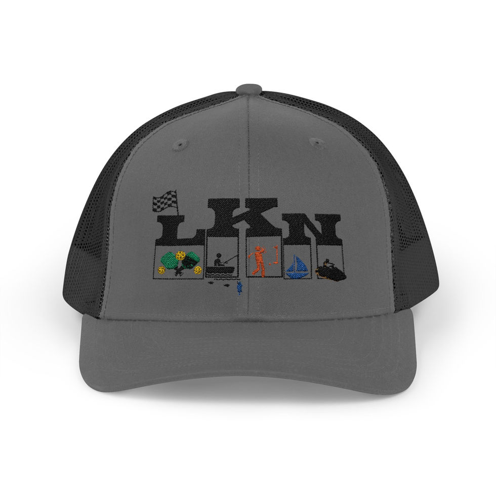 Gray LKN trucker hat with embroidered leisure activities