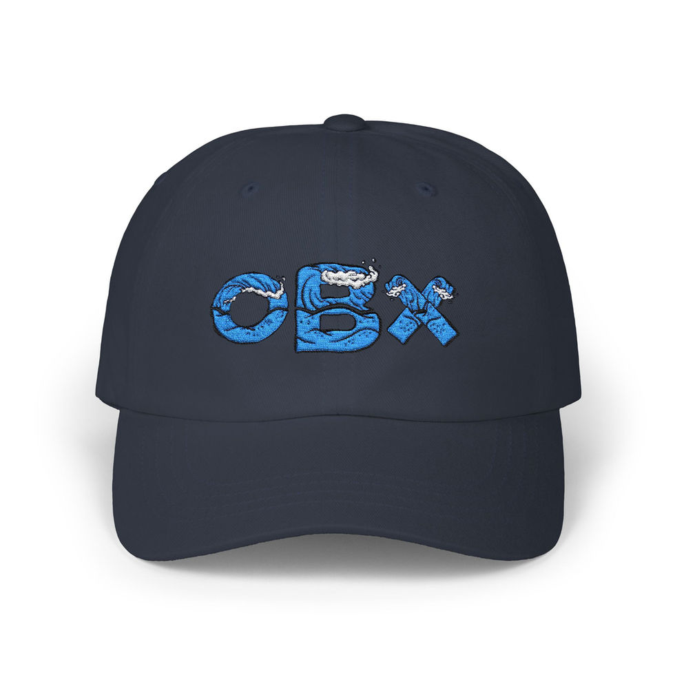 Navy blue baseball cap with OBX in blue waves