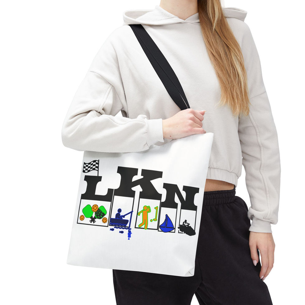 Woman holding LKN tote bag featuring outdoor activities; lake lifestyle.