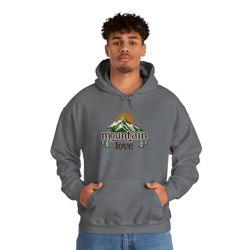 Man wearing a charcoal mountain love hoodie front view