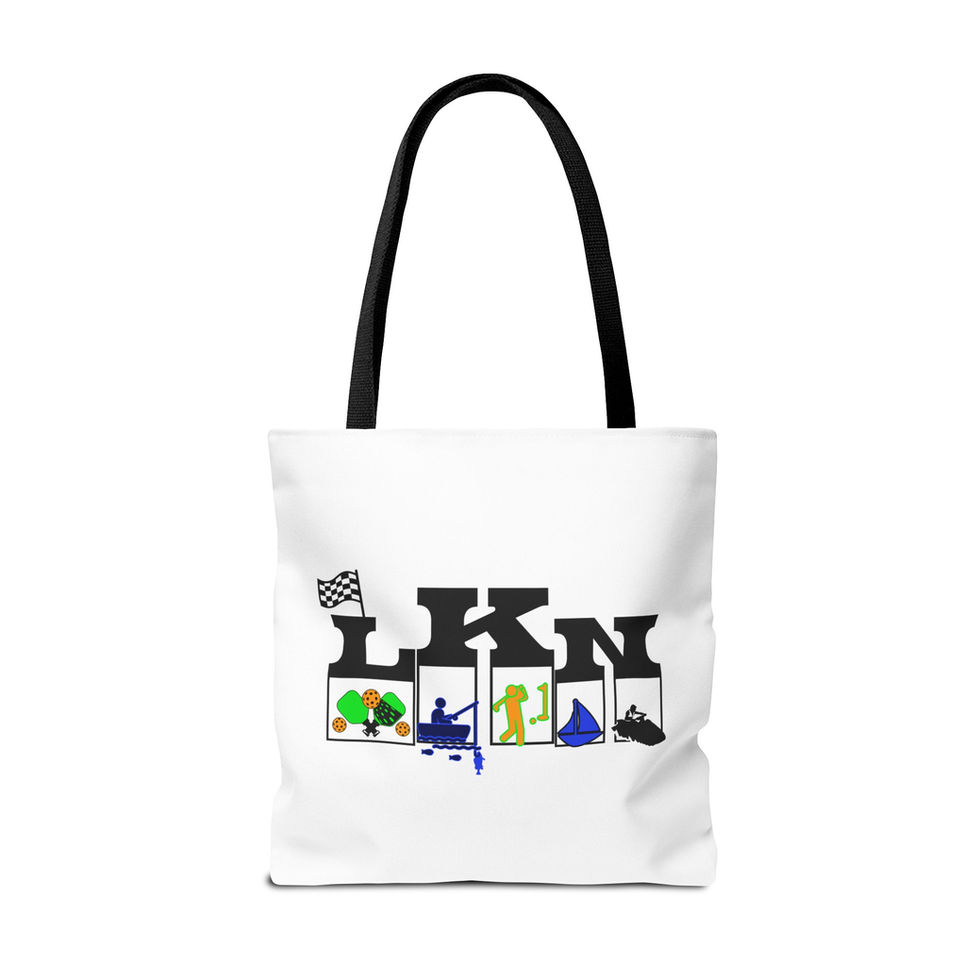White tote bag with LKN and recreational activity icons