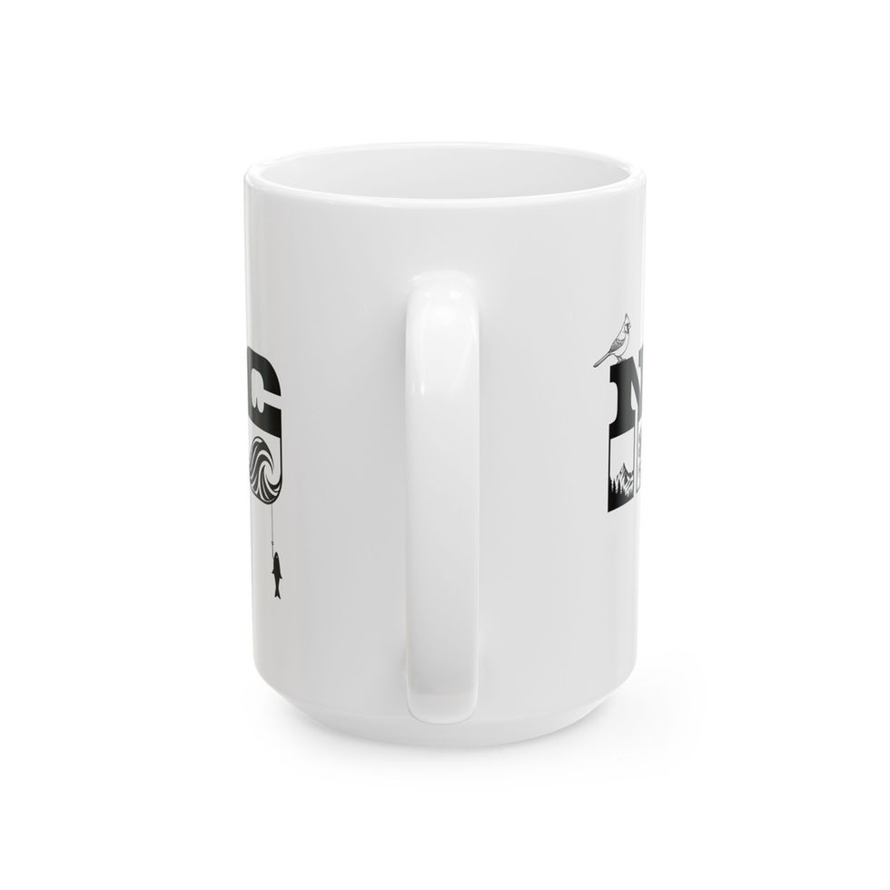 White ceramic mug with NC fishing design