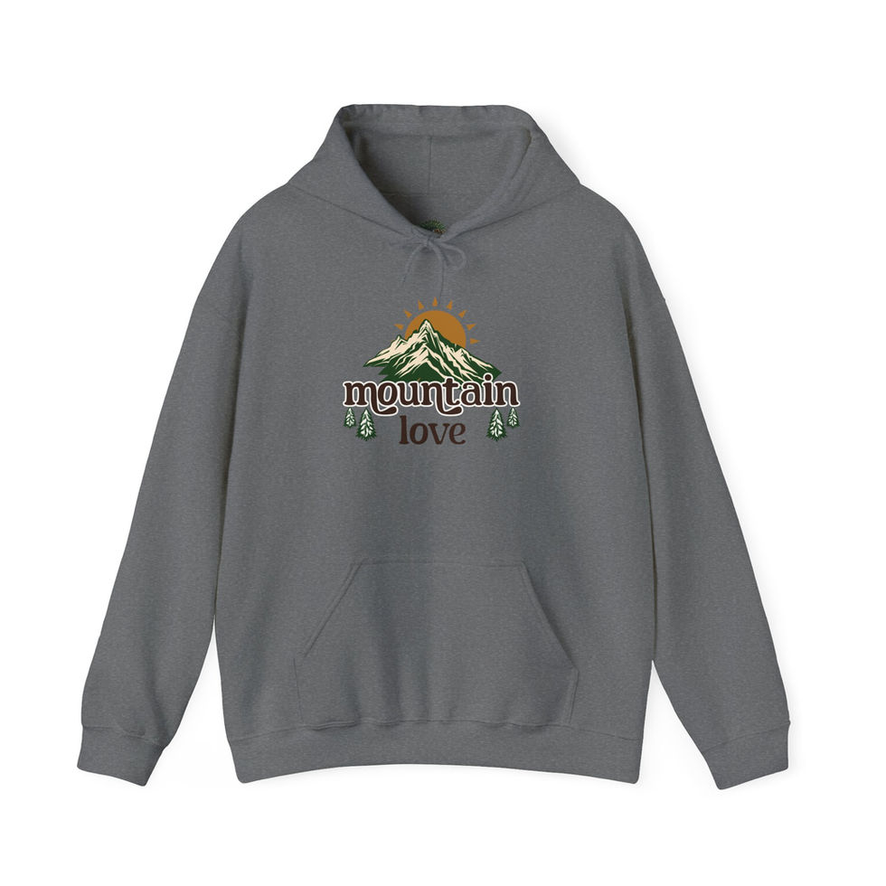 Charcoal mountain love hoodie front view
