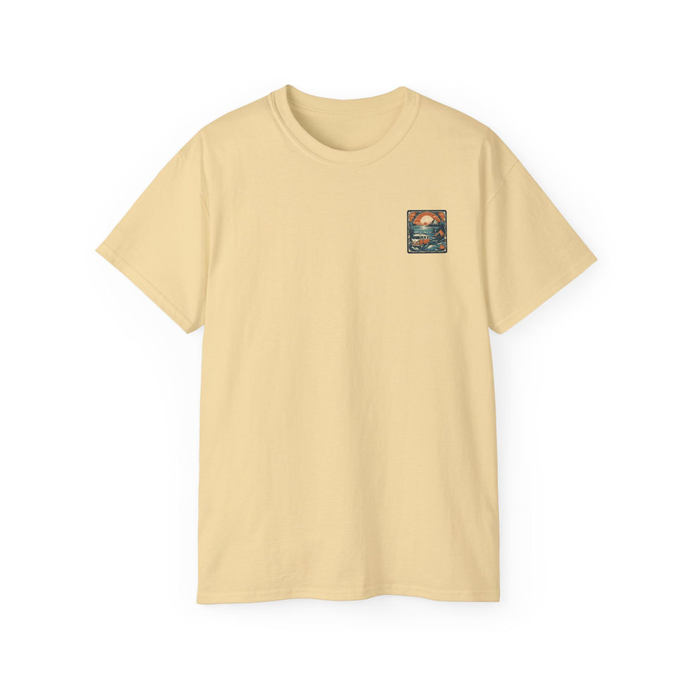 Yellow short-sleeved t-shirt with a small image of a sunset over a lake on the left chest