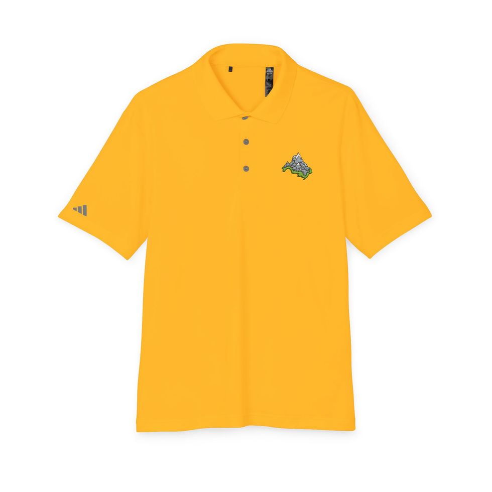 Yellow Adidas polo shirt with an embroidered mountain design