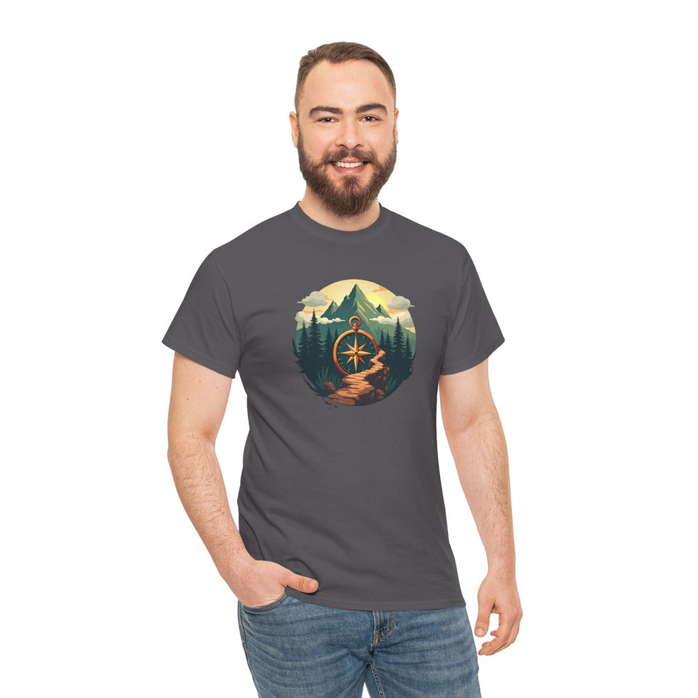 Man wearing Charcoal Adventure Awaits tee front view