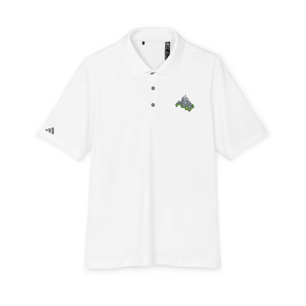 White Adidas polo shirt with an embroidered mountain design on the chest