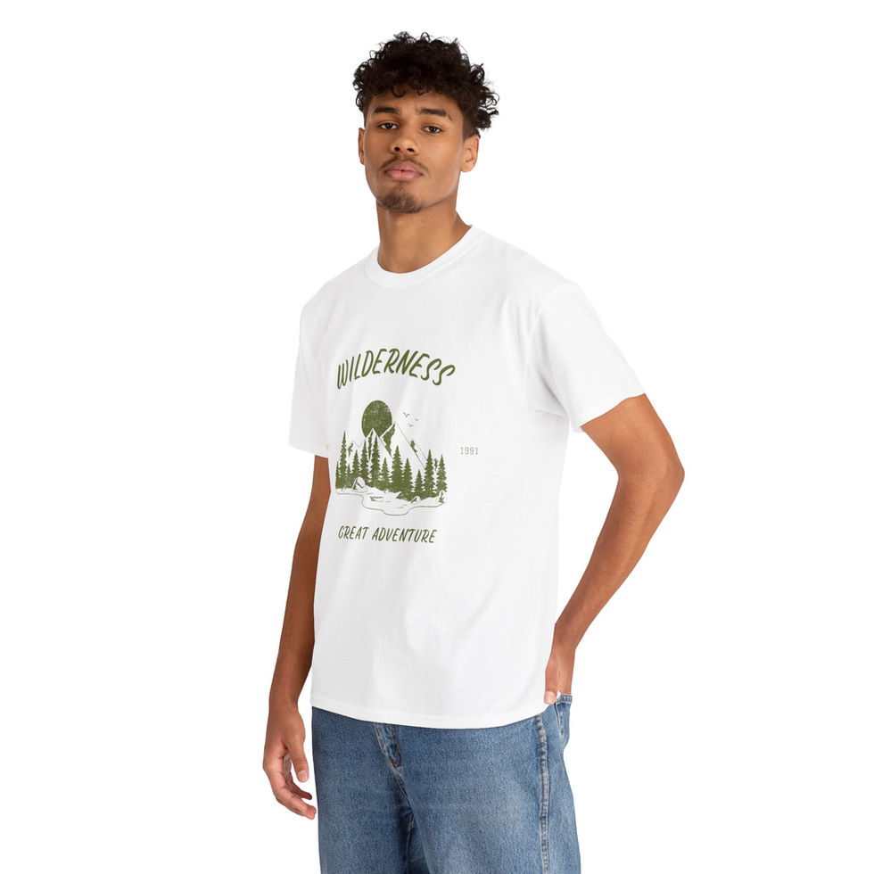 Man wearing a White Wilderness Adventure tee front view
