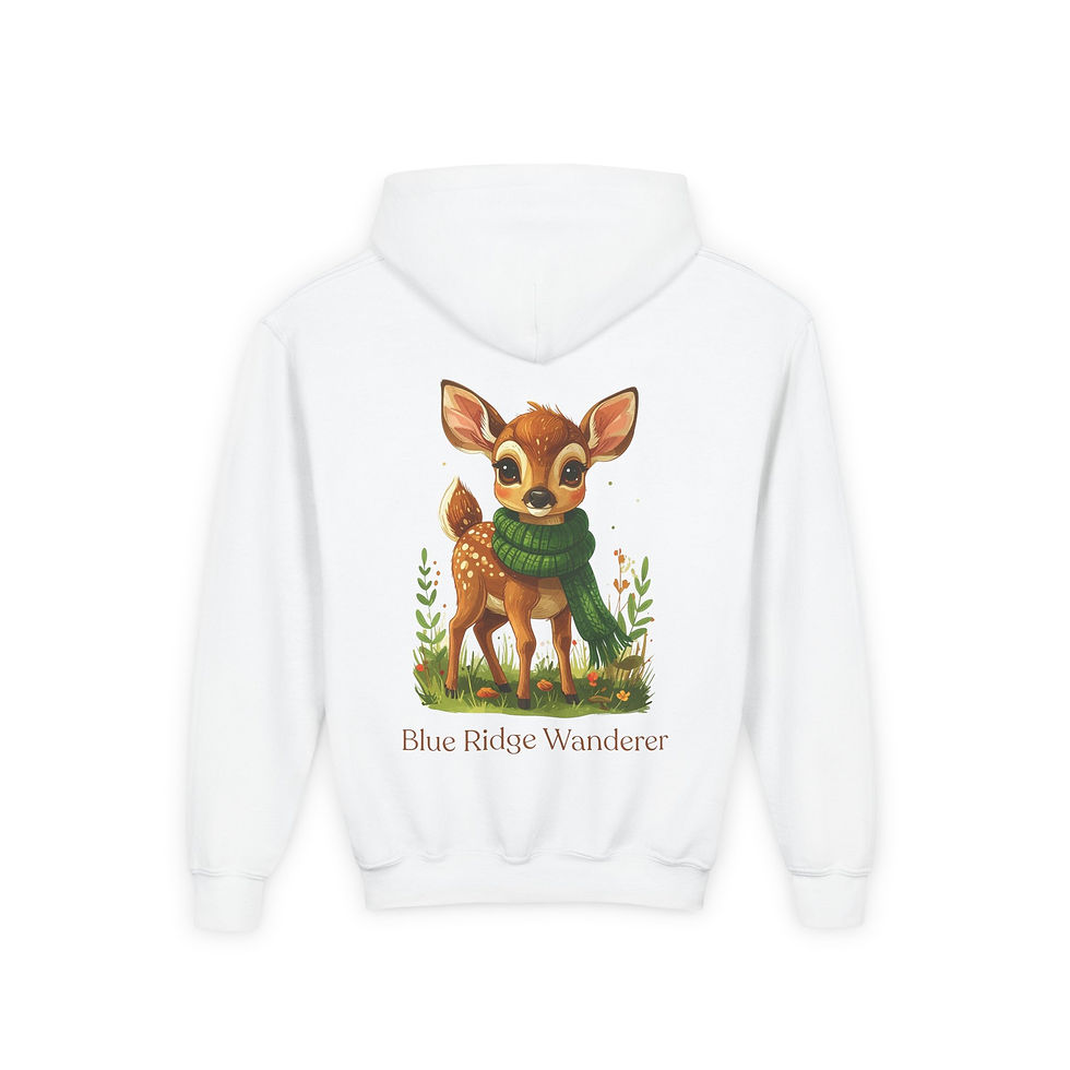 White hoodie with a fawn graphic and text Blue Ridge Wanderer. Kids Raccoon Camping Hoodie